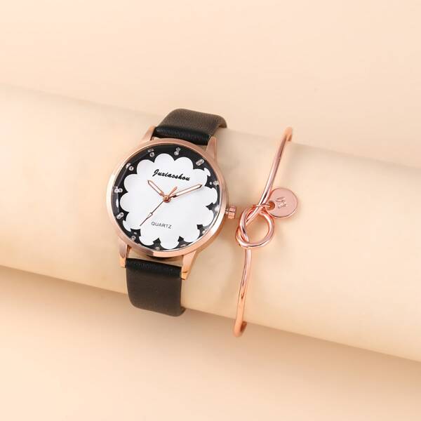 

1pc Rhinestone Decor Round Pointer Watch & 1pc Bracelet