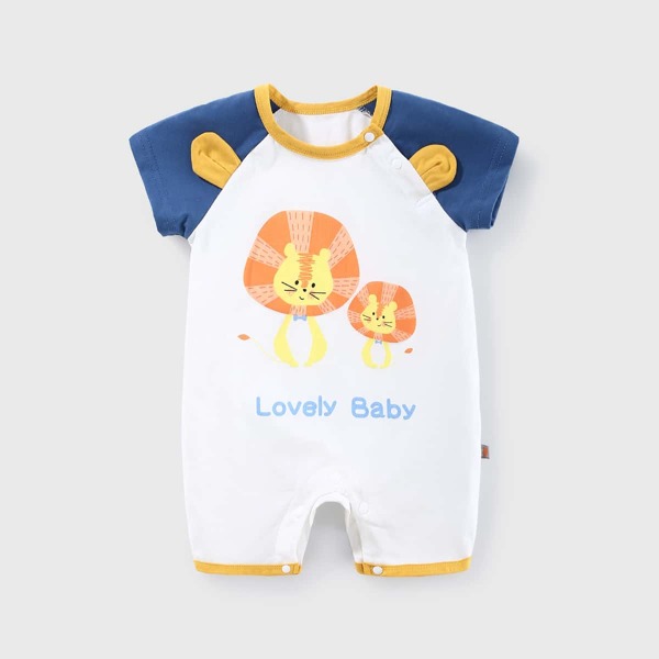 

Cartoon Lion Graphic 3D Ear Detail Romper, White
