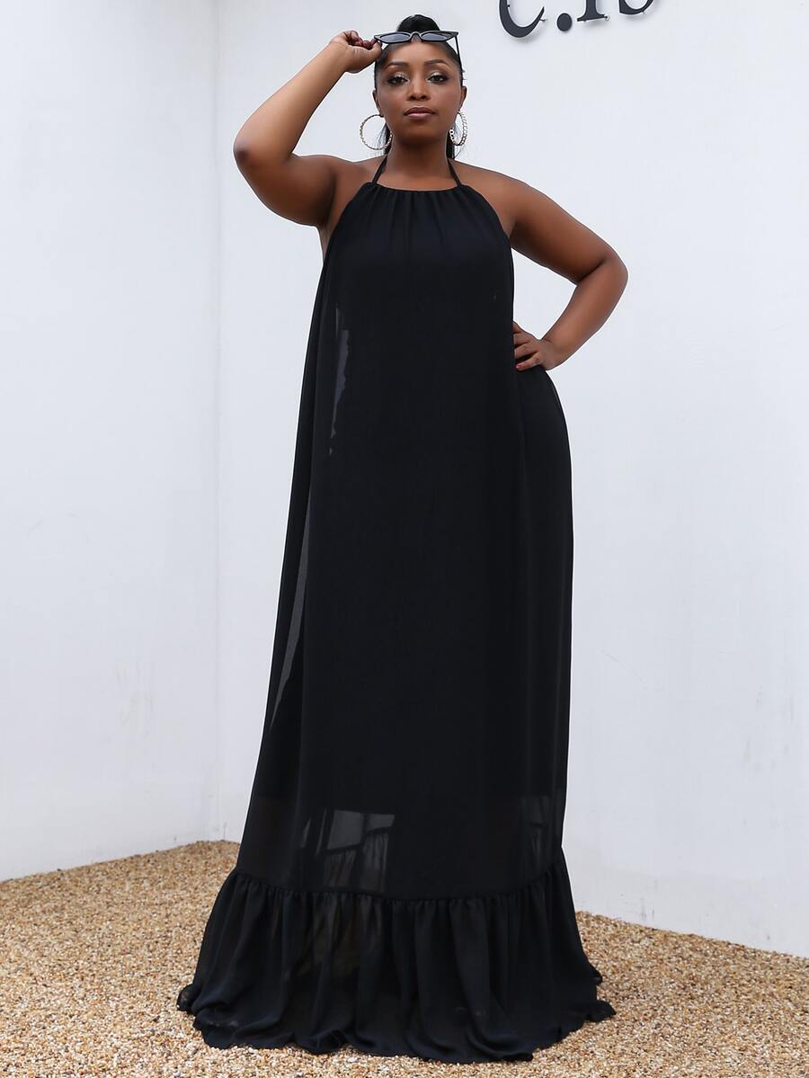 seomiscky Plus Ruffle Hem Halter Neck Dress - Black - View 1