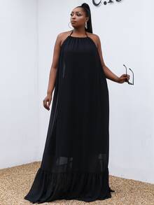 seomiscky Plus Ruffle Hem Halter Neck Dress - Black - View 3