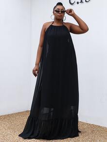 seomiscky Plus Ruffle Hem Halter Neck Dress - Black - View 4