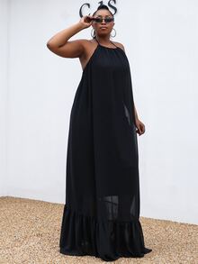 seomiscky Plus Ruffle Hem Halter Neck Dress - Black - View 5