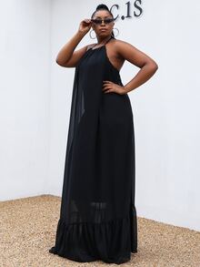 seomiscky Plus Ruffle Hem Halter Neck Dress - Black - View 6
