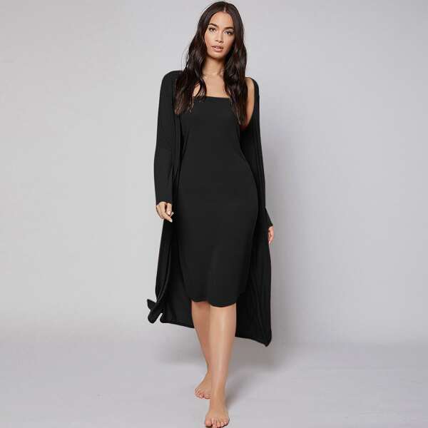 

Solid Bandeau Dress & Robe Lounge Set, Black