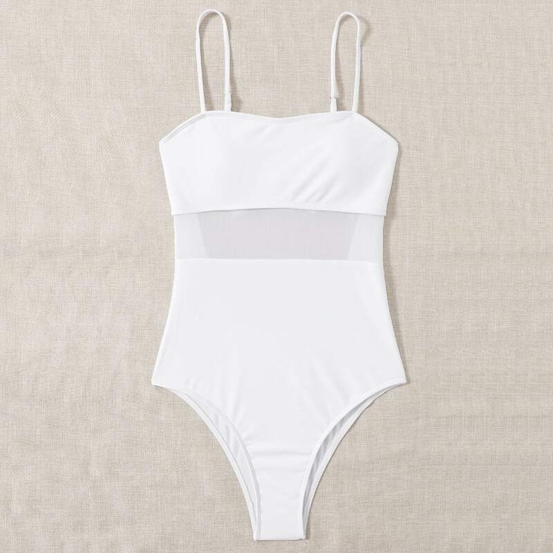 

Contrast Mesh Tie Back One Piece Swimsuit, White