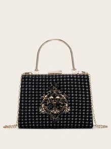 Gemstone Decor Clip Top Chain Bag - Black - View 1