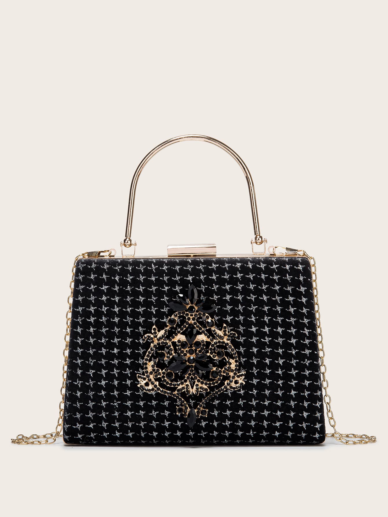 Gemstone Decor Clip Top Chain Bag - Black - View 1