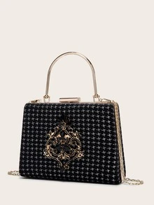 Gemstone Decor Clip Top Chain Bag - Black - View 2