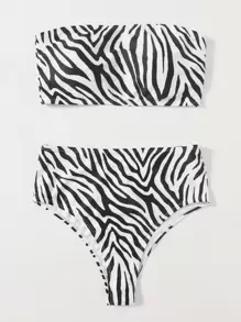 Zebra Stripe Bandeau Bikini - Black and White - View 1