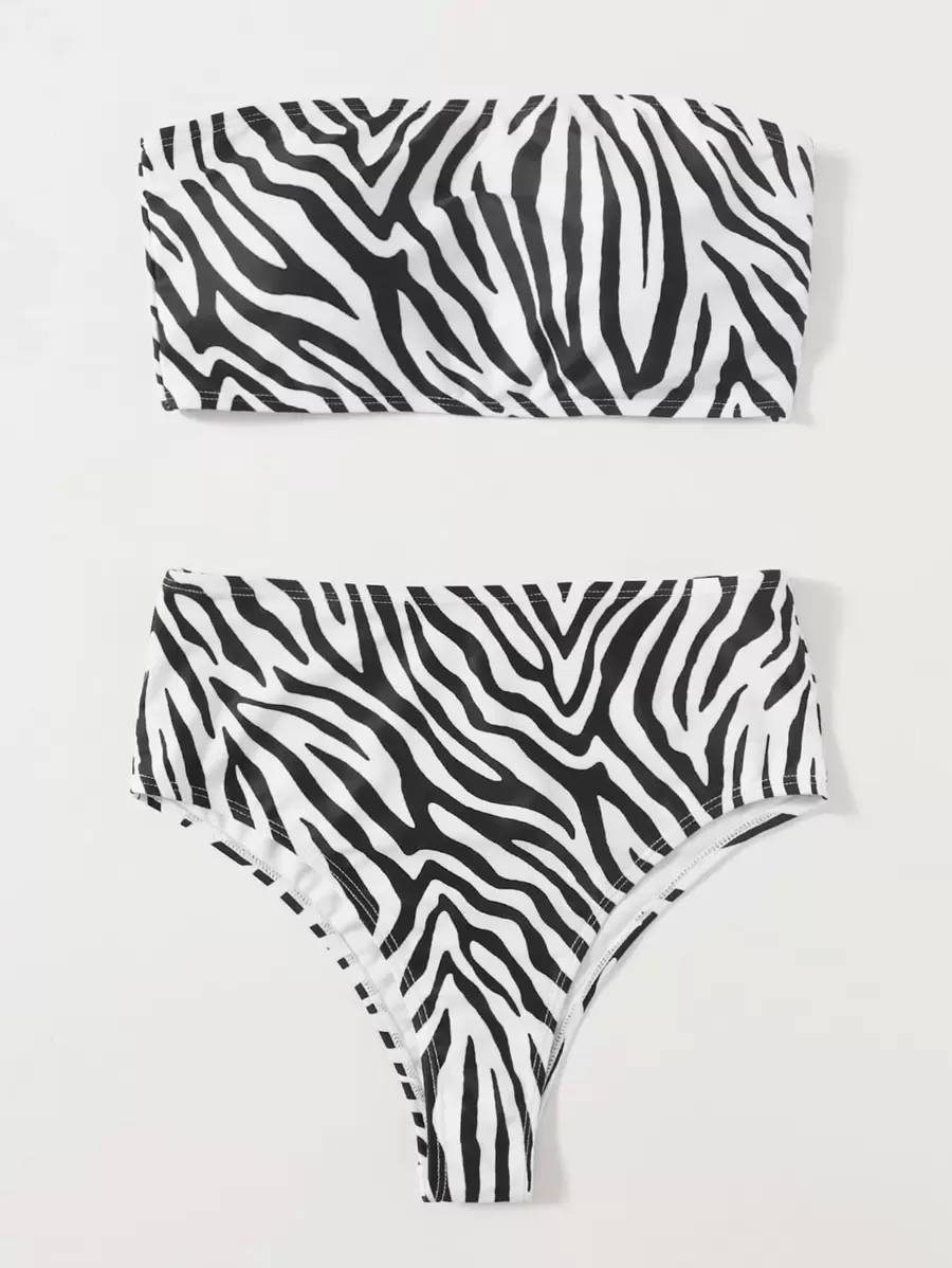 Zebra Stripe Bandeau Bikini - Black and White - View 1