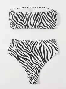 Zebra Stripe Bandeau Bikini - Black and White - View 2