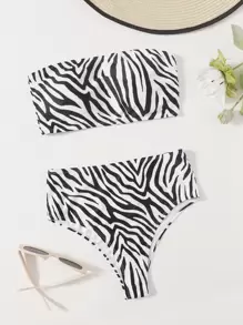Zebra Stripe Bandeau Bikini - Black and White - View 3