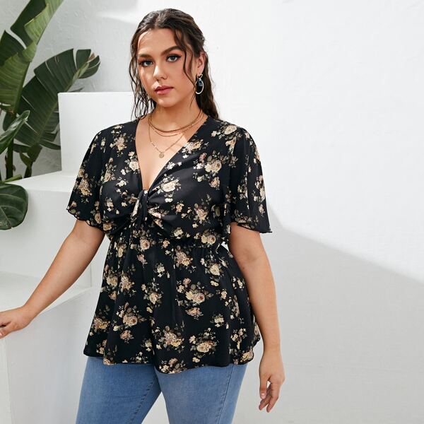 

Plus Allover Floral Drawstring Peplum Blouse, Black