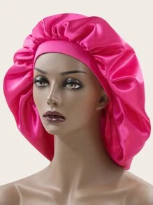 Awegeo Women Solid Color Wide Brim Elastic Satin Bonnet Soft Comfortable Breathable Everyday Hair Care Sleep Bonnet - Hot Pink - View 7