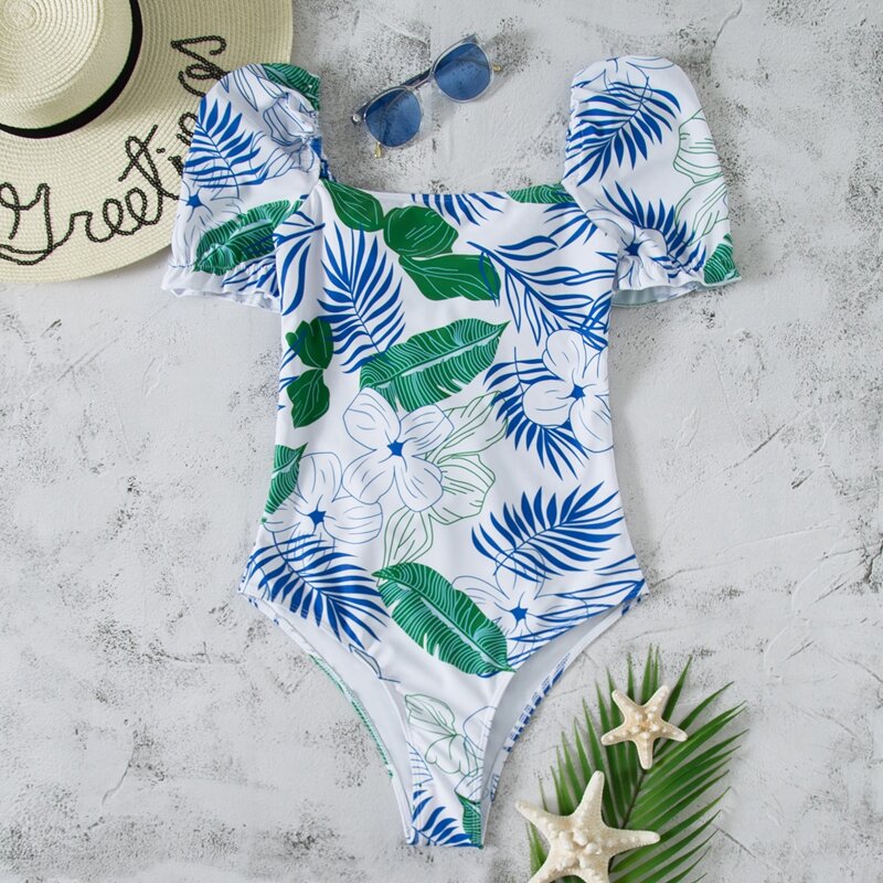 

Tropical Print Lace Up Back One Piece Swimsuit, Multicolor