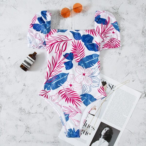

Tropical Print Lace Up Back One Piece Swimsuit, Multicolor
