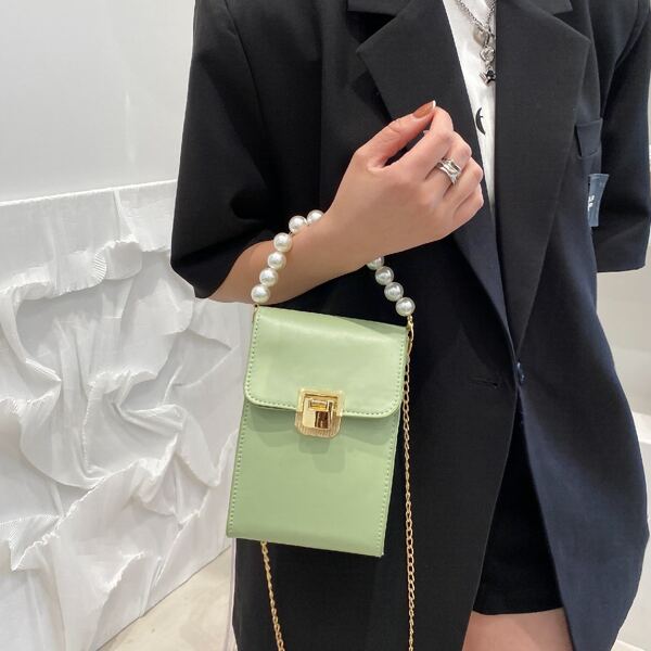

Faux Pearl Handle Chain Satchel Bag, Green