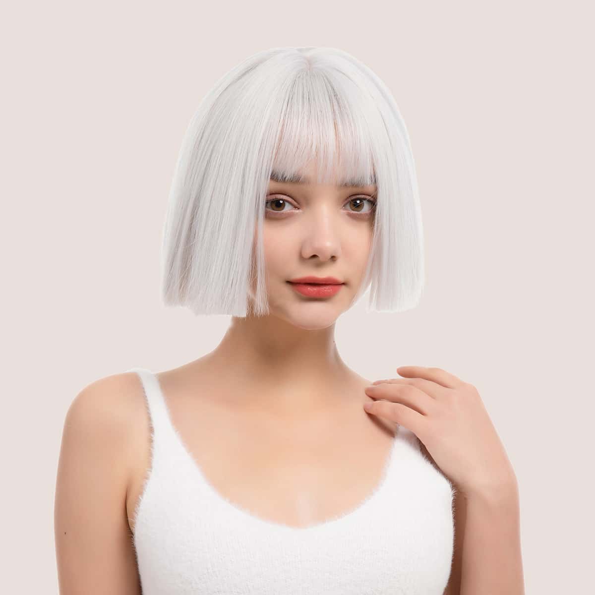 

Natural Short Wig With Bangs, White