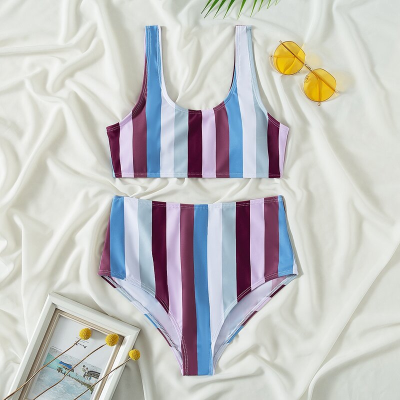 

Colorful Striped High Waisted Bikini Swimsuit, Multicolor
