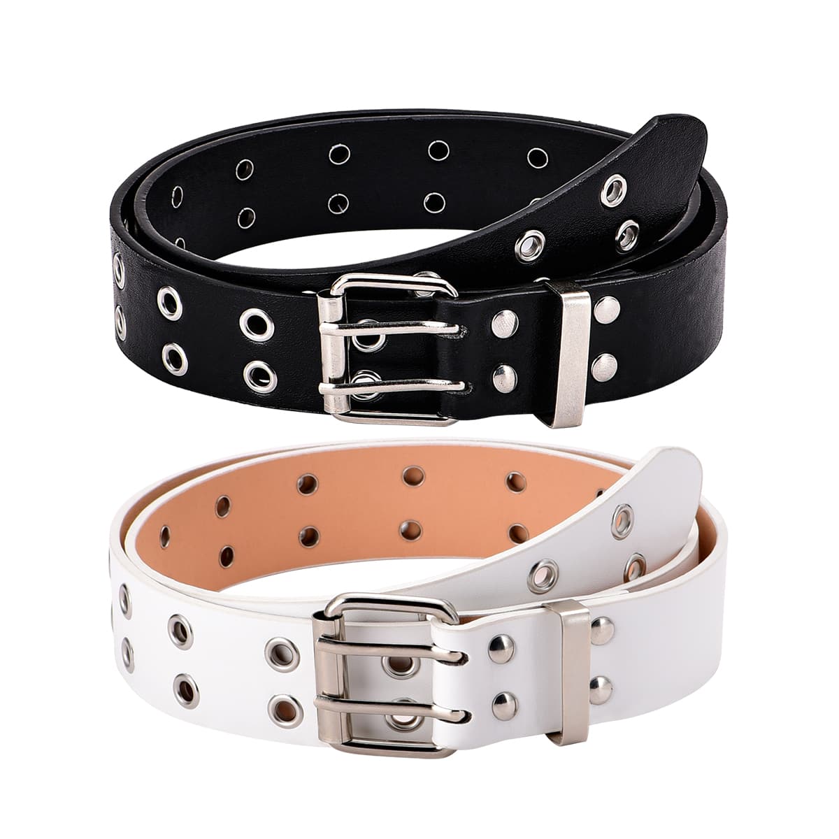 

2pcs Eyelet Decor Metal Buckle Belt, Black and white