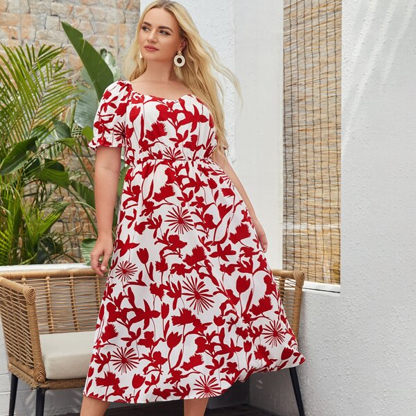 

Plus Allover Floral Sweetheart Flounce Sleeve A-line Dress, Red and white