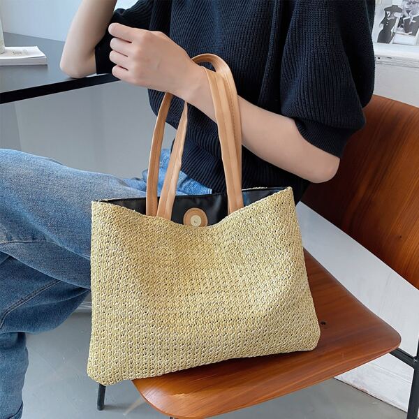 

Minimalist Straw Shoulder Tote Bag, Khaki