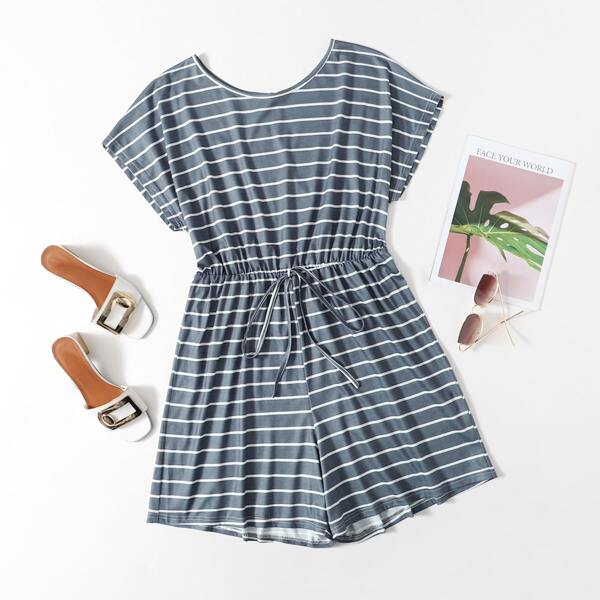 

Plus Striped Tie Front Tee Romper, Grey