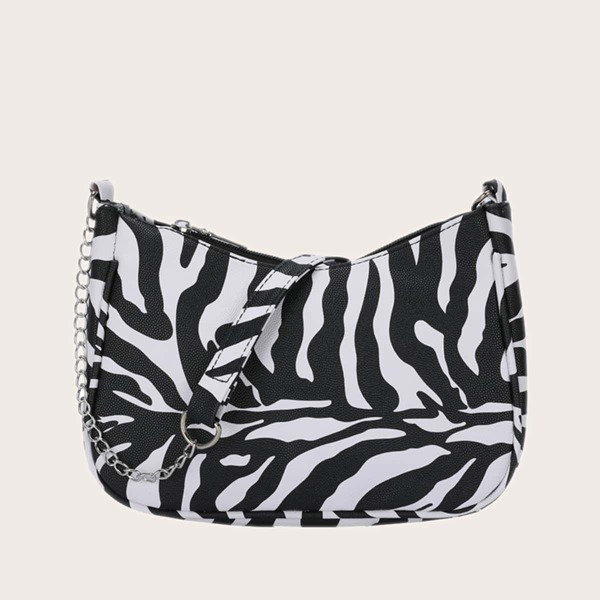 

Zebra Striped Chain Shoulder Bag, Black and white