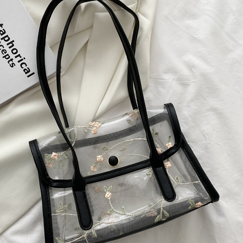 

Floral Embroidery Clear Tote Bag, Black