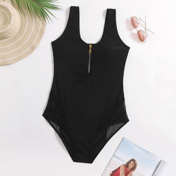 

Plus Zip Front Contrast Mesh One Piece Swimsuit, Black