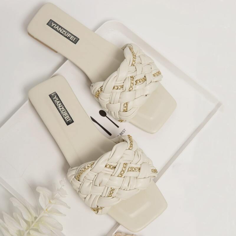 

Chain Braided Band Slide Sandals, Beige