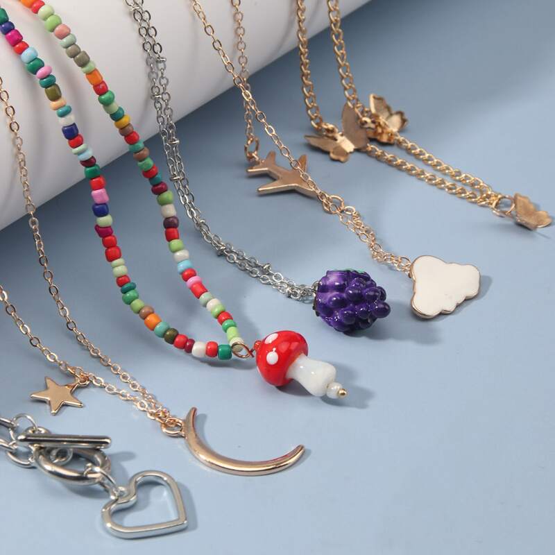 

6pcs Butterfly & Moon Pendant Necklace, Multicolor