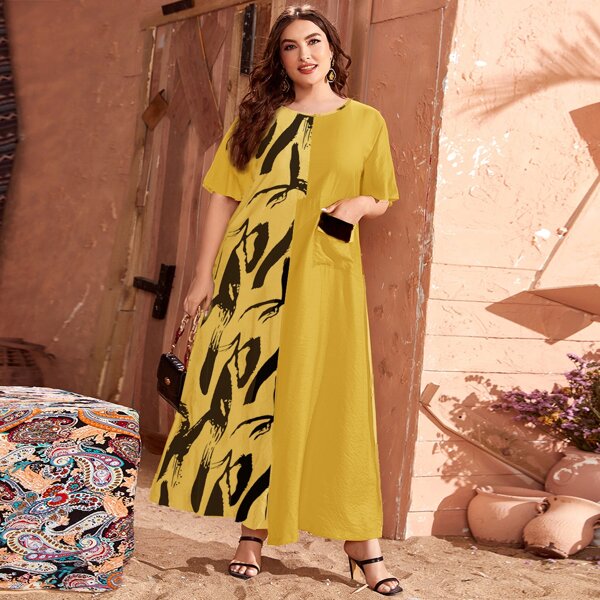 

Plus Brush Print Pocket Front Dress, Yellow
