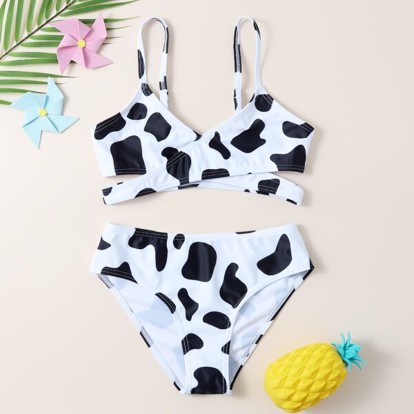 

Girls Cow Print Wrap Bikini Swimsuit, Black and white