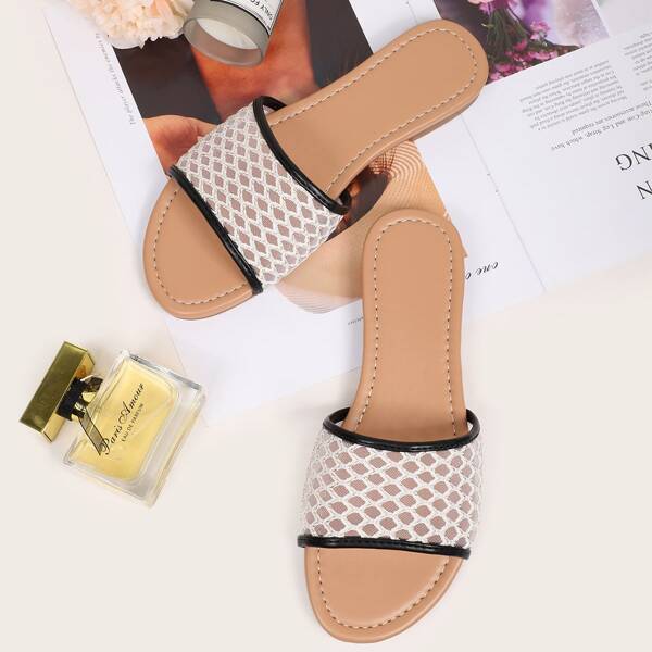 

Contrast Binding Mesh Slide Sandals, White
