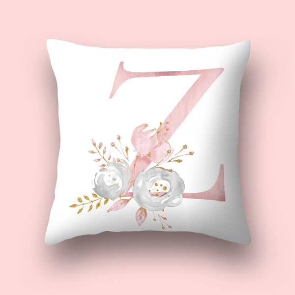 

Alphabet & Flower Print Cushion Cover Without Filler, Pink