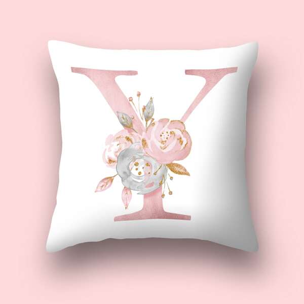 

Alphabet & Flower Print Cushion Cover Without Filler, Pink