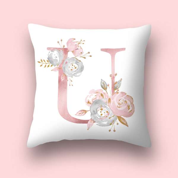 

Alphabet & Flower Print Cushion Cover Without Filler, Pink