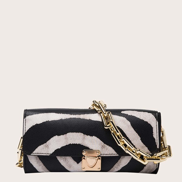 

Zebra Striped Push Lock Chain Shoulder Bag, Black and white