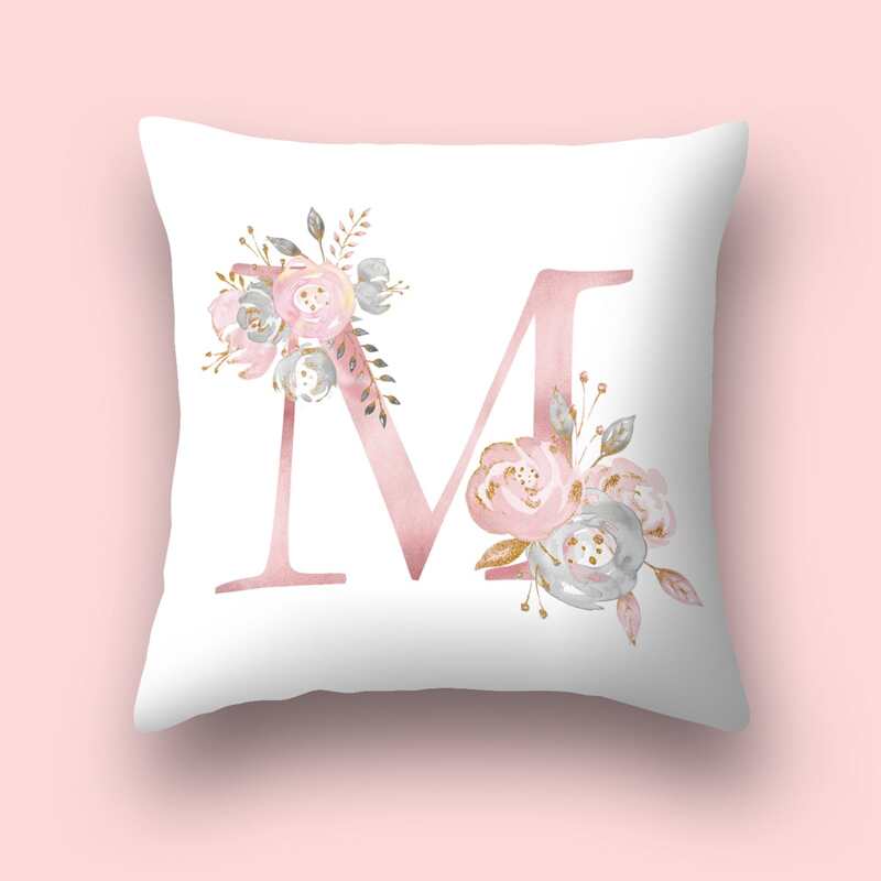 

Alphabet & Flower Print Cushion Cover Without Filler, Pink