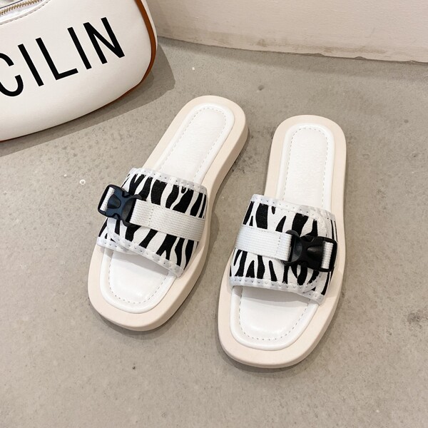 

Zebra Striped Pattern Release Buckle Decor Slide Sandals, White