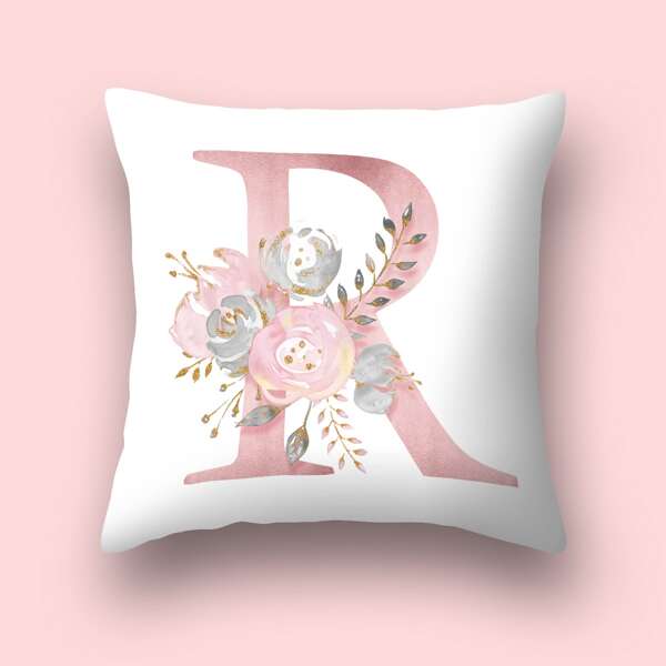 

Alphabet & Flower Print Cushion Cover Without Filler, Pink