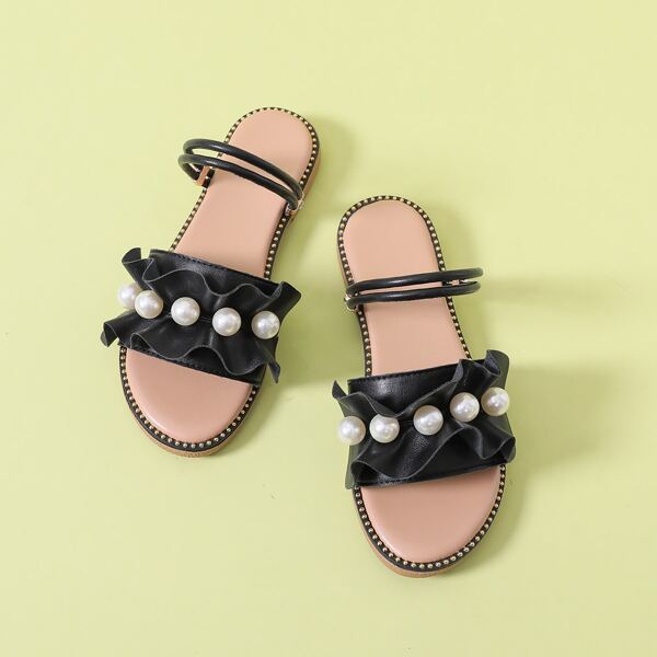 

Faux Pearl Decor Ruffle Trim Slide Sandals, Black