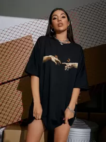 SHEIN Unity 手和蝴蝶印花落肩超大 T 恤，男女通用 - 黑色 - 查看 1