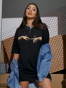 SHEIN Unity 手和蝴蝶印花落肩超大 T 恤，男女通用 - 黑色 - 查看 3