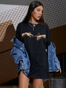 SHEIN Unity 手和蝴蝶印花落肩超大 T 恤，男女通用 - 黑色 - 查看 5