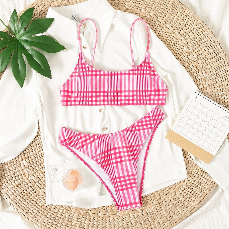 

Plaid High Cut Bikini Swimsuit, Hot pink