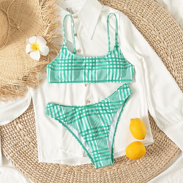 

Plaid High Cut Bikini Swimsuit, Green