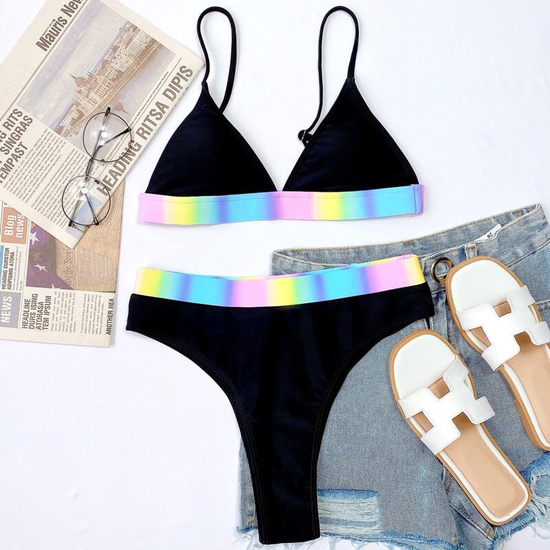 

Contrast Trim High Waisted Bikini Swimsuit, Black