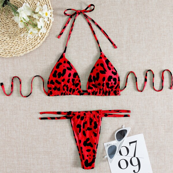 

Dalmatian Halter Thong Bikini Swimsuit, Red